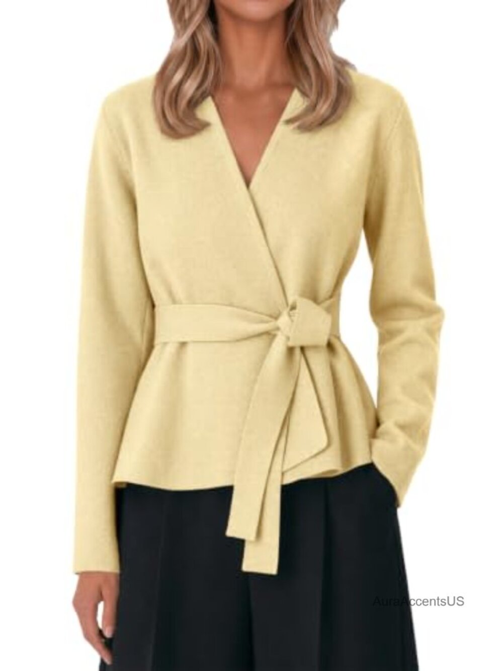 Women's Open Front Belted Cardigan Long Sleeve Knit Sweater Wrap